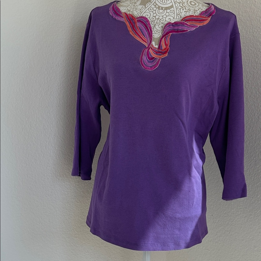 Bob Mackie Purple Long Sleeve Top with Colorful Embroidery XL 100% cotton